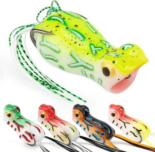Syosisny Juego de 5 señuelos de rana Topwater con ganchos sin hierbas, señuelos de pesca suaves con diseño realista, perfecto para pesca de lubina
