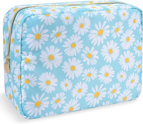 Miniatura 76 de izuzta Bolsa de maquillaje pequeña de nylon para bolso, linda bolsa de cosméticos con cremallera, bolsa de maquillaje preppy, Azul, Mini 2-Azul