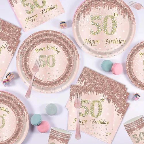 Miniatura 2 de 121 piezas de suministros para fiesta de cumpleaños número 50, platos, servilletas, vasos, tenedores, mantel, color oro rosa, con temática de feliz