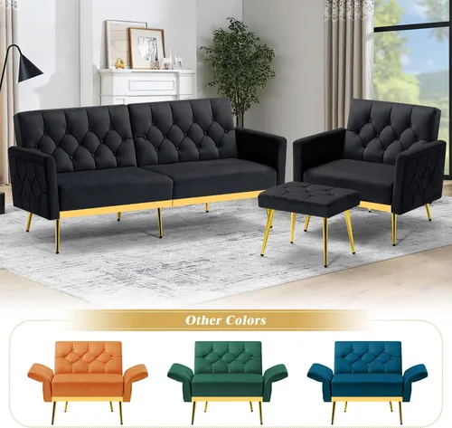Miniatura 7 de Silla decorativa de terciopelo con reposabrazos y respaldos ajustables, sofá individual copetudo con otomana, silla de lectura tapizada para sala