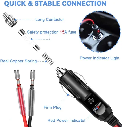 Miniatura 4 de Adaptador para encendedor de cigarrillos de auto, enchufe macho de 12 V, con cables y luz LED, 16 AWG/15 A de fusible/1 pie/paquete de 2 (1# 1a2)