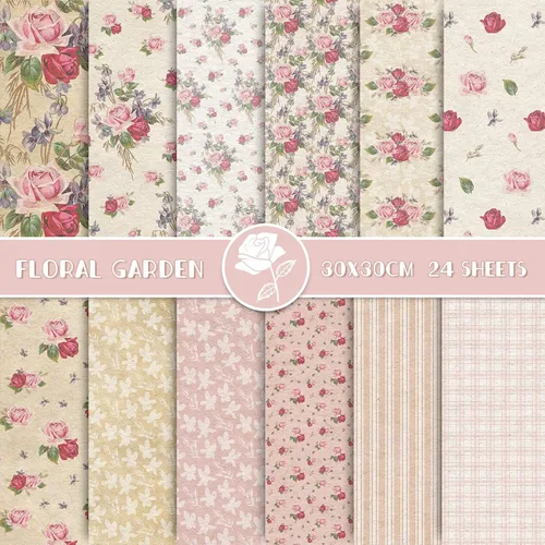 Whaline 24 piezas de papel con patrón floral de primavera, papel rosa vintage, 12 diseños, colección de doble cara, manualidades decorativas para