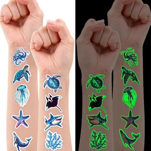 Miniatura 2 de 96 piezas de tatuajes temporales luminosos precortados con temática de océano, decoración de fiesta de cumpleaños, suministros de decoración que