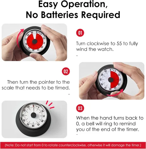 Miniatura 4 de Temporizador visual, temporizador de cuenta regresiva de 60 minutos, temporizador de cocina con base magnética, reloj mecánico, alerta de timbre