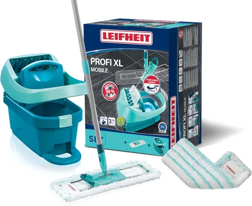 Leifheit Floor Cleaning Profi XL - Juego de trapeador y cubeta - Trapeador de microfibra de 16.5 in para suelos grandes con junta de 360°, sistema