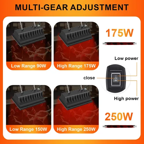 Miniatura 5 de Lámpara de calefacción de gallinero de 250 W, temperatura de calefacción ajustable y altura para colgar, con pantalla de aleación de aluminio