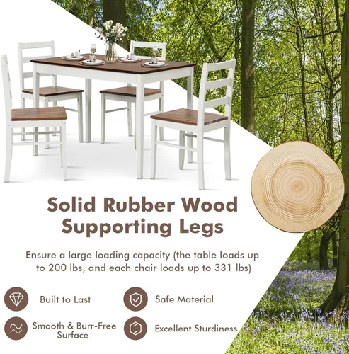 Miniatura 8 de COSTWAY Juego de mesa de comedor para 4, sillas de mesa de cocina de madera con patas de madera de goma, diseño que ahorra espacio, moderno juego