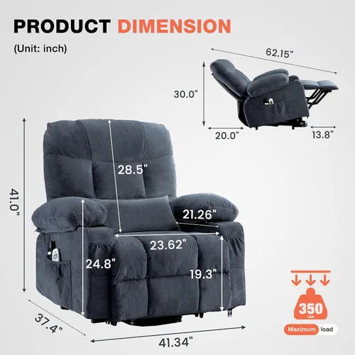 Miniatura 2 de MAHOMICO Silla reclinable eléctrica para personas mayores con masaje por vibración y calefacción lumbar, sofá reclinable eléctrico con bolsillo