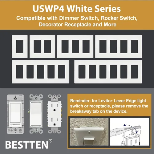 Miniatura 6 de Paquete de 50 placas BESTTEN de pared sin tornillos de 1 banda, USWP4 brillante blanco roto, cubierta de salida de decorador, placa frontal