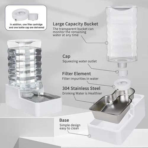 Miniatura 2 de Dispensador automático de agua para mascotas: cuenco de acero inoxidable alimentado por gravedad de 9 L - Alimentador blanco de gran capacidad sin