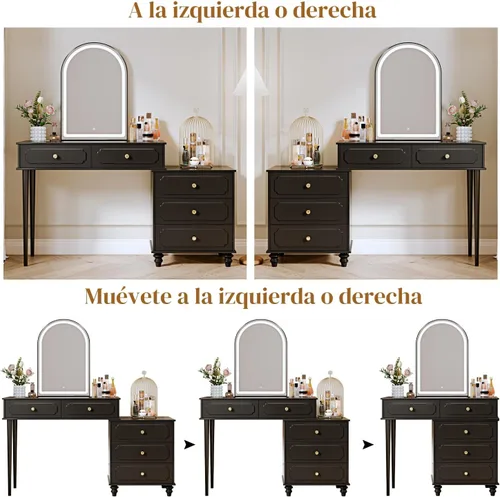 Miniatura 4 de Ieejdn Negro, Escritorio de tocador con espejo y luces, Tocador de maquillaje con toma de corriente y gabinete ajustable, Mesa de maquillaje moderna