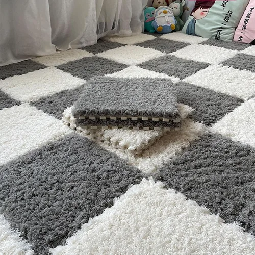 Miniatura 13 de Tapete de espuma de felpa gruesa que se entrelaza, 24 piezas de 12 x 12 pulgadas, tapete cuadrado esponjoso de espuma de rompecabezas con bordes