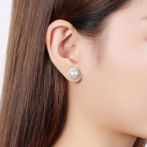 Miniatura 5 de KEETEEN Aretes de plata de ley "Sunshine" de 8.5 a 0.354in de perlas cultivadas en agua dulce blanca, aretes de circonita AAA, regalo para mujer