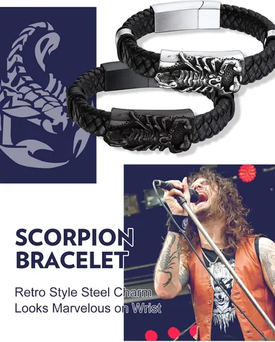 Miniatura 5 de Bandmax Pulsera trenzada de cuero negro para hombre con colgante gótico punk, pulsera de cuero con hebilla de acero inoxidable, paquete de regalo