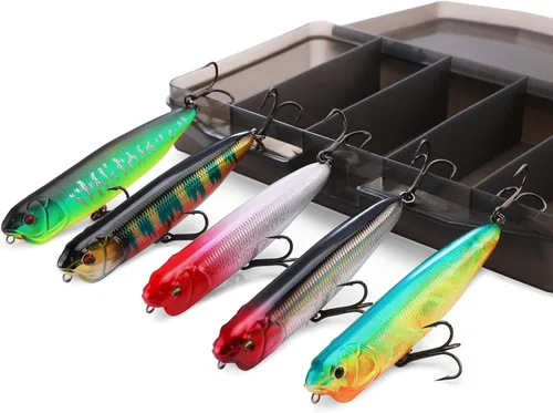 Miniatura 8 de FLISSA Juego de 5 señuelos de pesca de agua superior, señuelos de pesca de lubina para agua dulce y salada, señuelo duro realista, señuelo de pesca