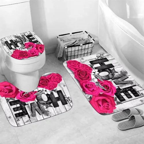 Miniatura 4 de Yddsky Juego de 4 cortinas de ducha con diseño de rosas rosadas para San Valentín, alfombras antideslizantes, tapete en forma de U, decoración