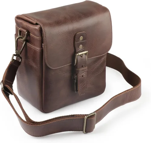 Miniatura 10 de Bolso bandolera para cámara de piel auténtica MegaGear, para cámaras mirrorless, dispositivo electrónico portátil Marrón