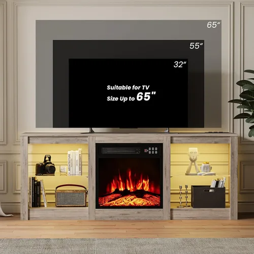 Miniatura 4 de EAG Soporte de TV con chimenea para TV de 65 pulgadas, soporte de TV con chimenea eléctrica de 18 pulgadas, centro de entretenimiento con estantes