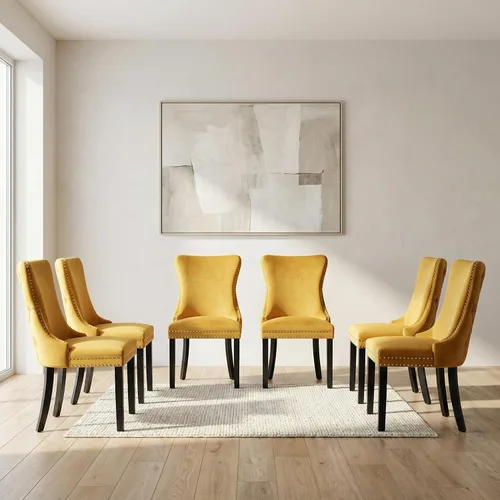 Miniatura 19 de OVENTA Juego de 4 sillas de comedor modernas tapizadas con respaldo completo, sillas de comedor de terciopelo dorado con patas de madera maciza