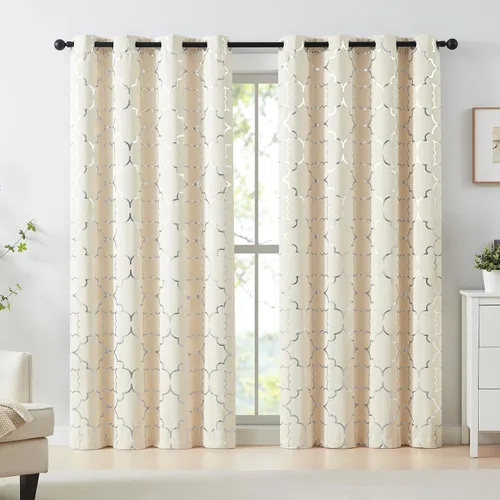 Miniatura 12 de Purainbow Cortinas opacas beige para dormitorio, sala de estar con paneles de impresión de lámina dorada, oscurecimiento de la habitación