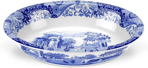 Spode Blue Italian Oval Rim - Bandeja para hornear profunda para servir verduras, cena asada y más | 12.5 x 8.75 pulgadas | Hecho de porcelana fina