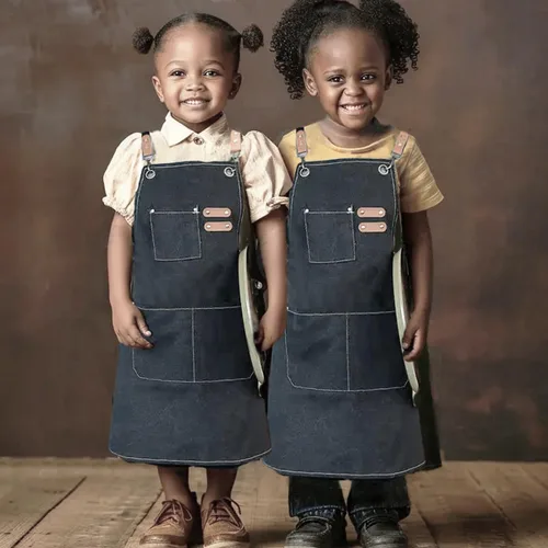 Miniatura 3 de 2 unids niños lona delantal para niño y niña cocina pintura herramienta de trabajo niños delantal