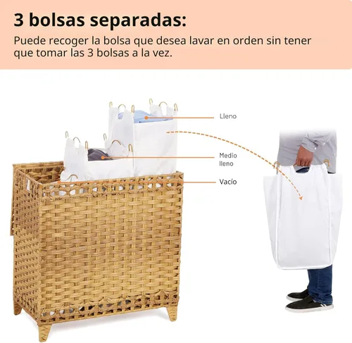 Miniatura 3 de Cesta para ropa sucia con 3 bolsas de forro extraíbles; cesta de lavandería de ratán tejida a mano de 132L con tapa y pies elevados; cesta de ropa