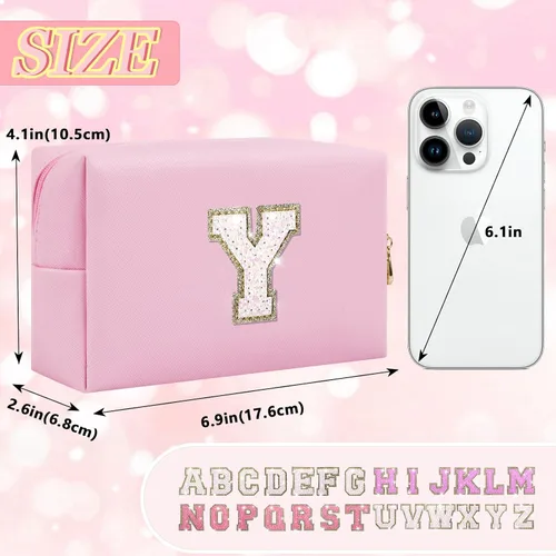 Miniatura 2 de Bolsa de maquillaje con parche de letra inicial personalizada, bolsa de cosméticos de chenilla preppy con letra de chenilla con cremallera, Y