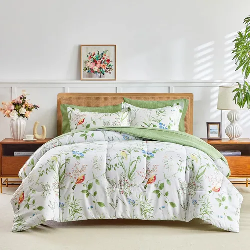 Joyreap - Juego de ropa de cama tamaño Queen en una bolsa, 7 piezas, juego de edredón floral, hojas verdes y pájaros coloridos sobre diseño blanco,