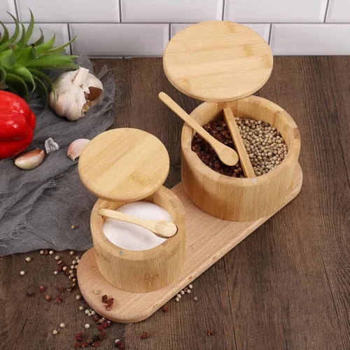 Miniatura 4 de Cuenco de bambú natural para sal y pimienta, bodega de sal de bambú y caja de almacenamiento de especias con cuchara integrada y tapa giratoria Dos