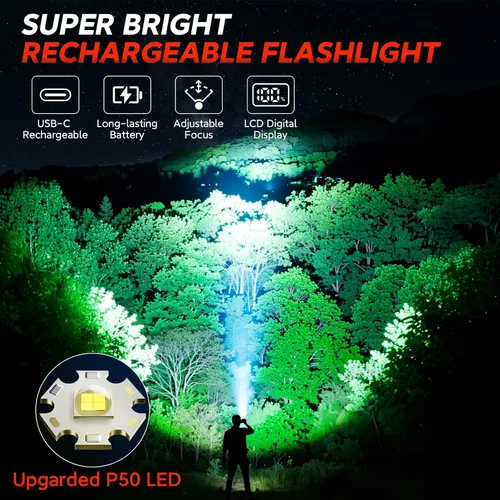 Miniatura 2 de RECHOO Paquete de 2 linternas recargables, linterna LED súper brillante de alto lúmenes con pantalla digital LCD, 3 modos de iluminación y luces