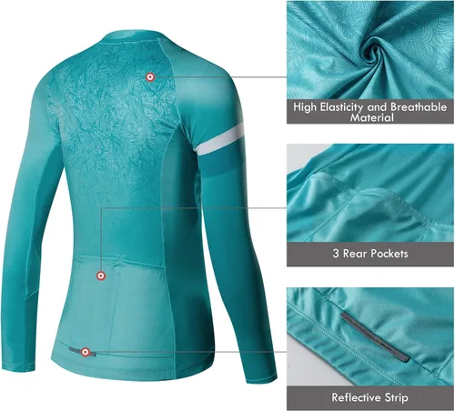Miniatura 5 de Santic Camiseta de ciclismo de manga larga para mujer, chaqueta de bicicleta con bolsillos