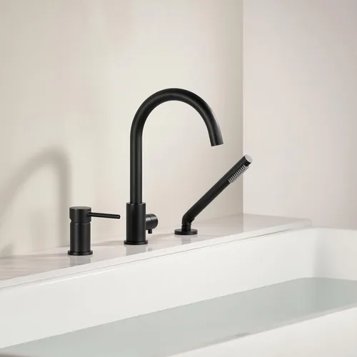 Miniatura 9 de Grifo de bañera de montaje en cubierta negro con rociador, grifos de bañera de alto flujo, grifo de baño de latón con mango montado en la ducha