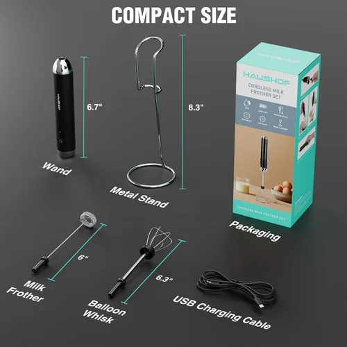 Miniatura 2 de HAUSHOF Potente varita espumadora de leche recargable con soporte, máquina de espuma eléctrica de mano, mezclador de bebidas con 2 batidores
