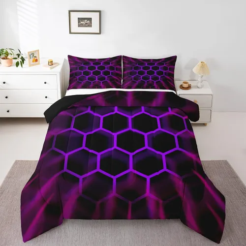 Miniatura 18 de Juego de ropa de cama individual de panal para niños y niños, color negro, verde azulado, azul, hexagonal, geométrico, patrón de colmena, edredón