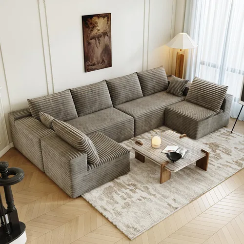 Miniatura 11 de Sofá seccional modular de 139.4", sofás minimalistas en forma de U con 2 otomanas chaise, sofá cama convertible moderno de asiento profundo, tela