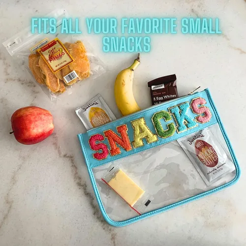 Miniatura 3 de Fablinks Bolsa transparente con cremallera para mujeres con parche de letras de chenilla, bolsa de viaje para aperitivos para adolescentes y niñas