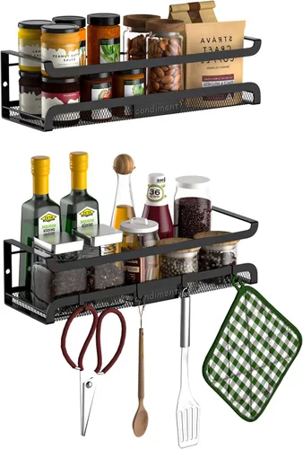 Estante de especias de pared con ganchos, organizador de especias para almacenamiento de gabinetes, estante colgante de pared, organizador de Negro