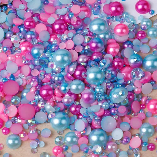 Miniatura 9 de Perlas planas y diamantes de imitación de 2.12 oz, 2200 unidades de diamantes de imitación de resina de color AB de tamaño mixto de 3 a 0.394 in