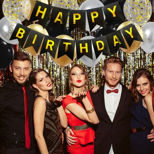 Miniatura 7 de Cartel de feliz cumpleaños, decoración de cumpleaños negro y dorado, 16 globos de 12 pulgadas con 2 cintas para hombres, mujeres, niñas y niños