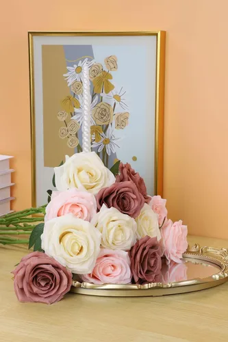 Miniatura 3 de Rosas artificiales, rosas artificiales, rosa falsa de seda, flores falsas de aspecto real con tallos para ramos de boda, mesas, centros de mesa