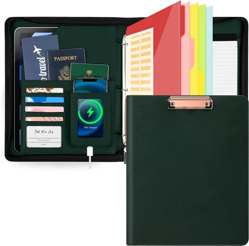 Miniatura 12 de Ospelelf Portapapeles de Cuero con Almacenamiento, Organizador de Portafolio con Cremallera, Carpeta de 3 Anillos de 1 Pulgada, Bloc de Notas, Funda