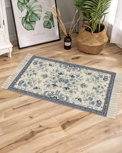 Miniatura 2 de Tassel Hand Woven Area Rug Retro Bohemia Navy Blue Pattern Entryway Rugs Washable Throw Mat,Tassel Carpets for Livingroom Kitchen Bedroom Dorm Decor