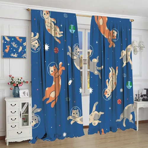 Miniatura 5 de Cortinas opacas de gato abstracto, arte simple, universo planeta, dibujos animados, lindo, divertido, colorido, gato, azul, niños, niñas, niños
