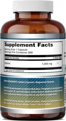 Miniatura 5 de Amazing Formulas Taurina 1000 mg por porción, 200 cápsulas de suplemento de aminoácidos, sin OMG, sin gluten, fabricado en Estados Unidos