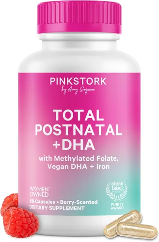 Pink Stork - Postnatal total+ DHA: Vitaminas de apoyo para el posparto y lactancia, nutrientes para la mamá y el bebé, vitaminas prenatales para