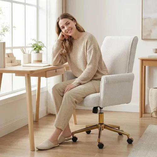 Miniatura 2 de Silla de oficina de terciopelo a rayas, silla ergonómica giratoria de 360° con respaldo alto, base dorada y ruedas, silla moderna de altura Rosa