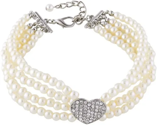 Collar para mascotas con cuatro filas de perlas y lunares, collar de diamantes ajustable en forma de corazón para gatos y perros, joyería decorativa