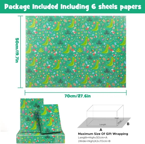 Miniatura 2 de NEPOG Papel de regalo de Navidad con sombreros de Papá Noel, 6 hojas plegadas planas de 20 x 28 pulgadas por hoja, papel de regalo de dinosaurio