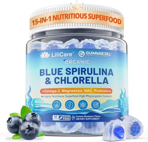 Gomitas orgánicas de espirulina azul Chlorella, superalimentos y excelente fuente de alta ficocianina vegana, clorofila, complejo B, minerales